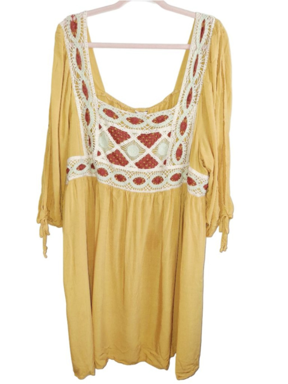 Cato Yellow Long Sleeve min i boho festival Dress with Red Crochet Trim 22/24W
